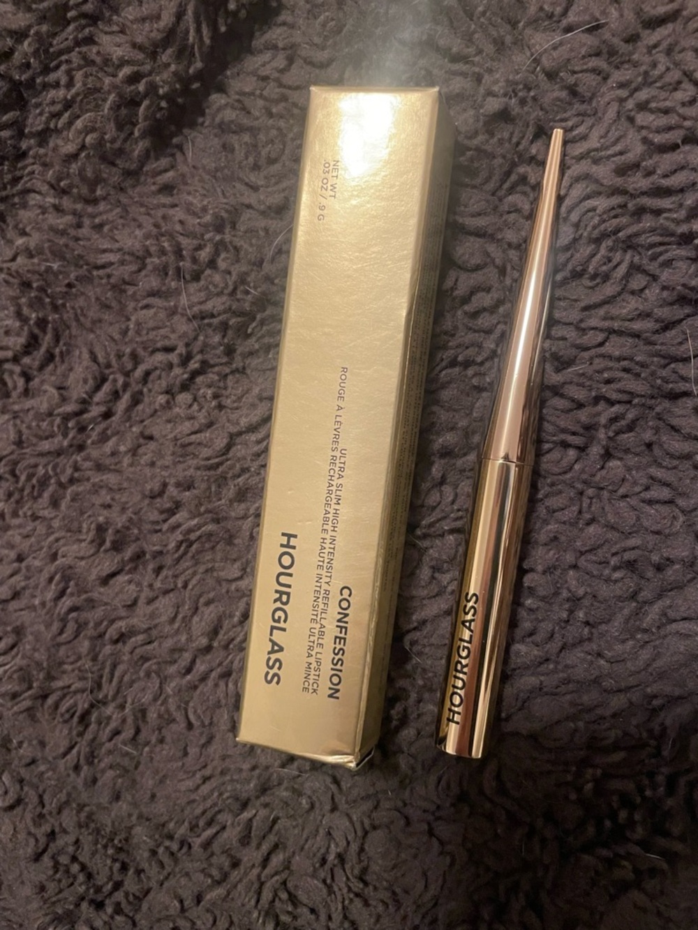 New Hourglass Confession Ultra Slim Lipstick - shade I lust for. Gold packaging
